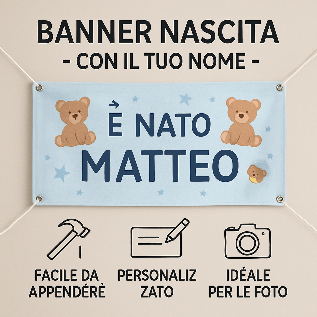 BANNER STRISCIONE NASCITA - Orsetti - CON IL TUO NOME bimbo neonato - 04 benefici utilizzo