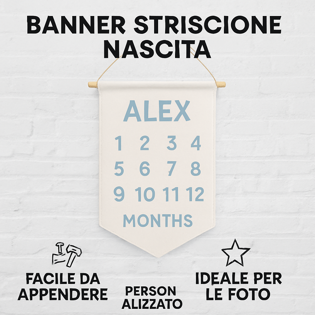 BANNER STRISCIONE NASCITA - Mesi per foto neonato - CON IL TUO NOME bimbo neonato - 04 benefici utilizzo