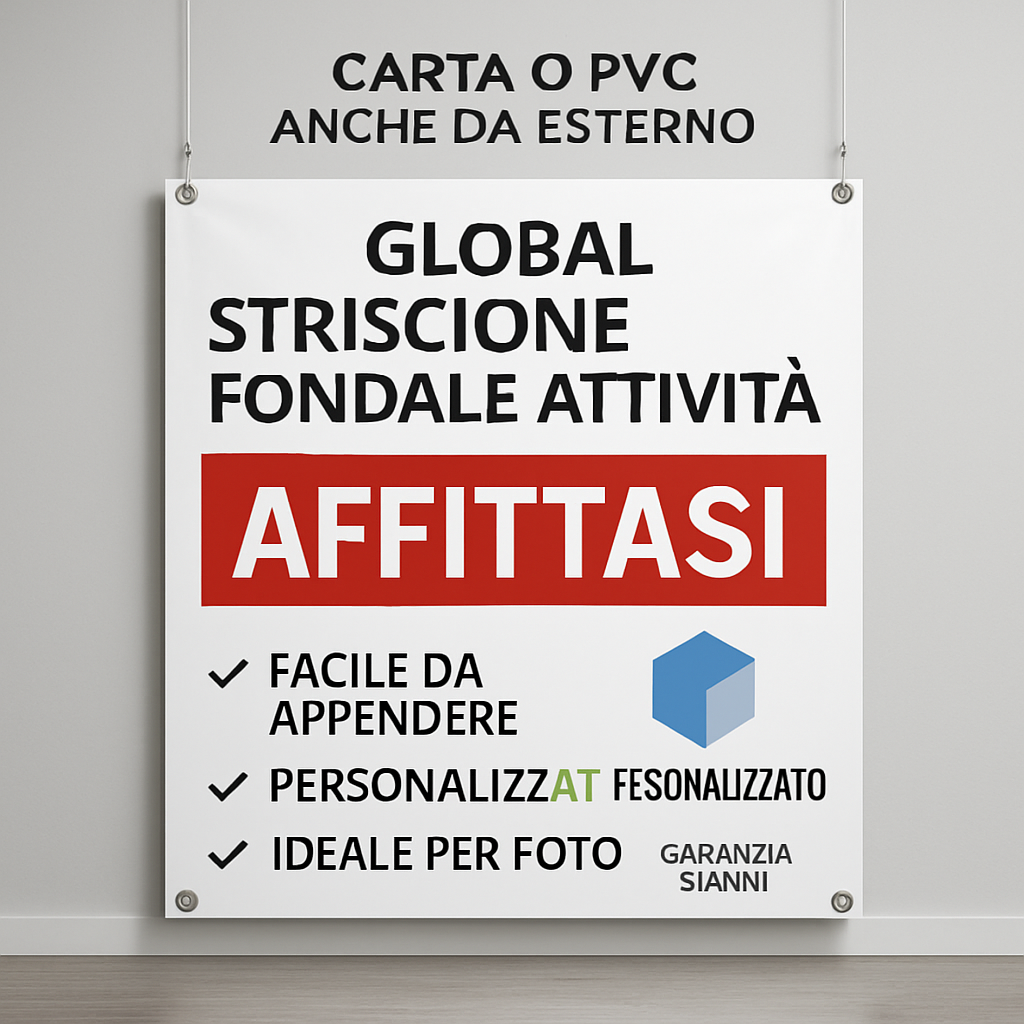 GLOBAL STRISCIONE FONDALE ATTIVITÀ - AFFITTASI - PERSONALIZZATO IN CARTA O IN BANNER PVC ANCHE DA ESTERNO GARANZIA 5 ANNI - 04 benefici utilizzo