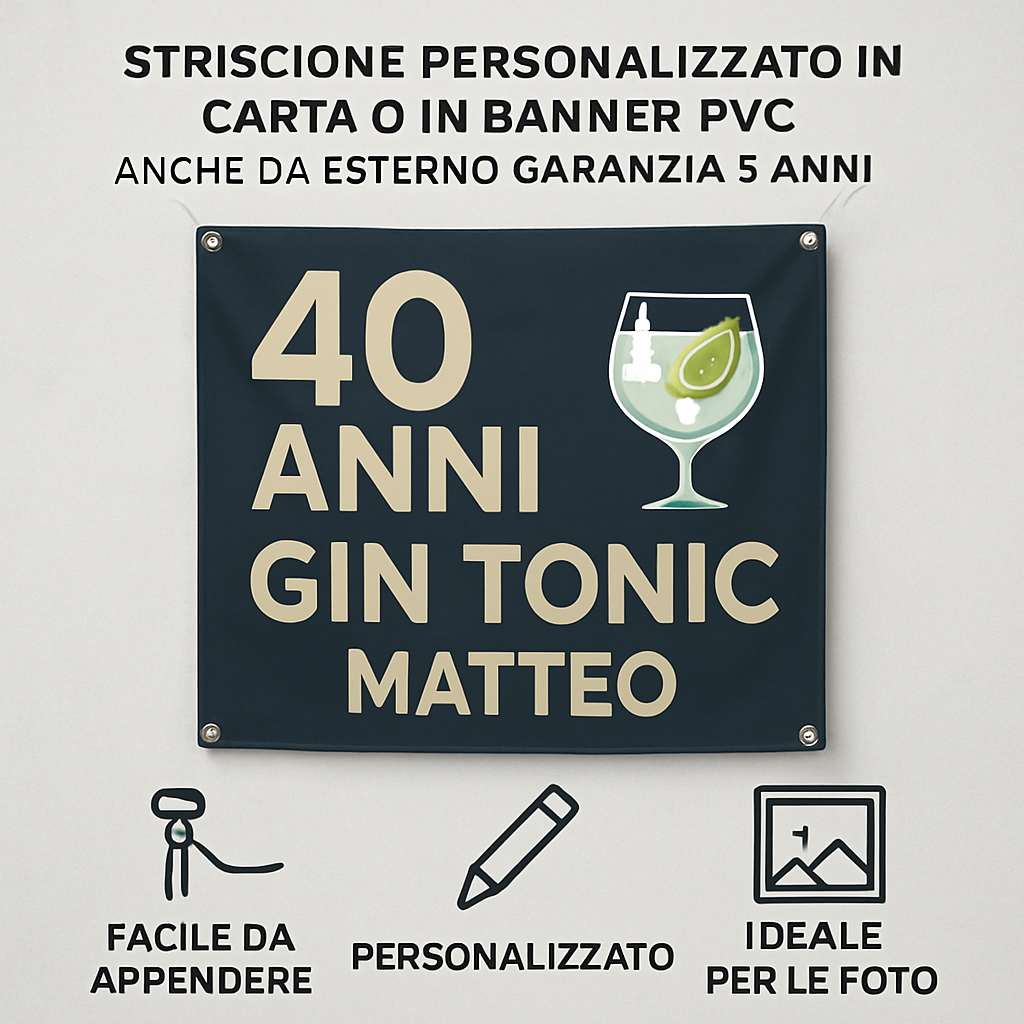 GLOBAL STRISCIONE FONDALE COMPLEANNO - 40 Anni Gin Tonic - STRISCIONE PERSONALIZZATO IN CARTA O IN BANNER PVC ANCHE DA ESTERNO GARANZIA 5 ANNI - 04 benefici utilizzo