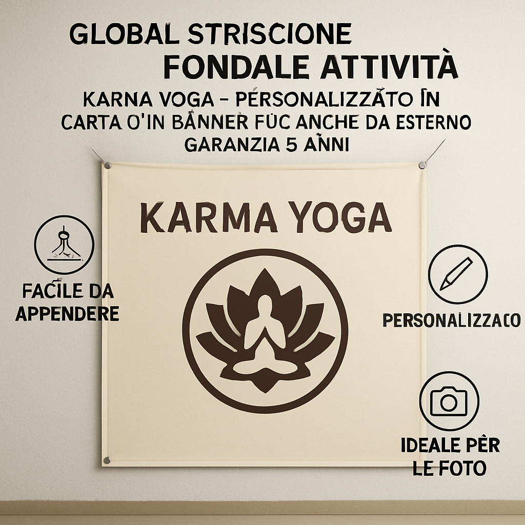 GLOBAL STRISCIONE FONDALE ATTIVITÀ - KARMA YOGA - PERSONALIZZATO IN CARTA O IN BANNER PVC ANCHE DA ESTERNO GARANZIA 5 ANNI - 04 benefici utilizzo