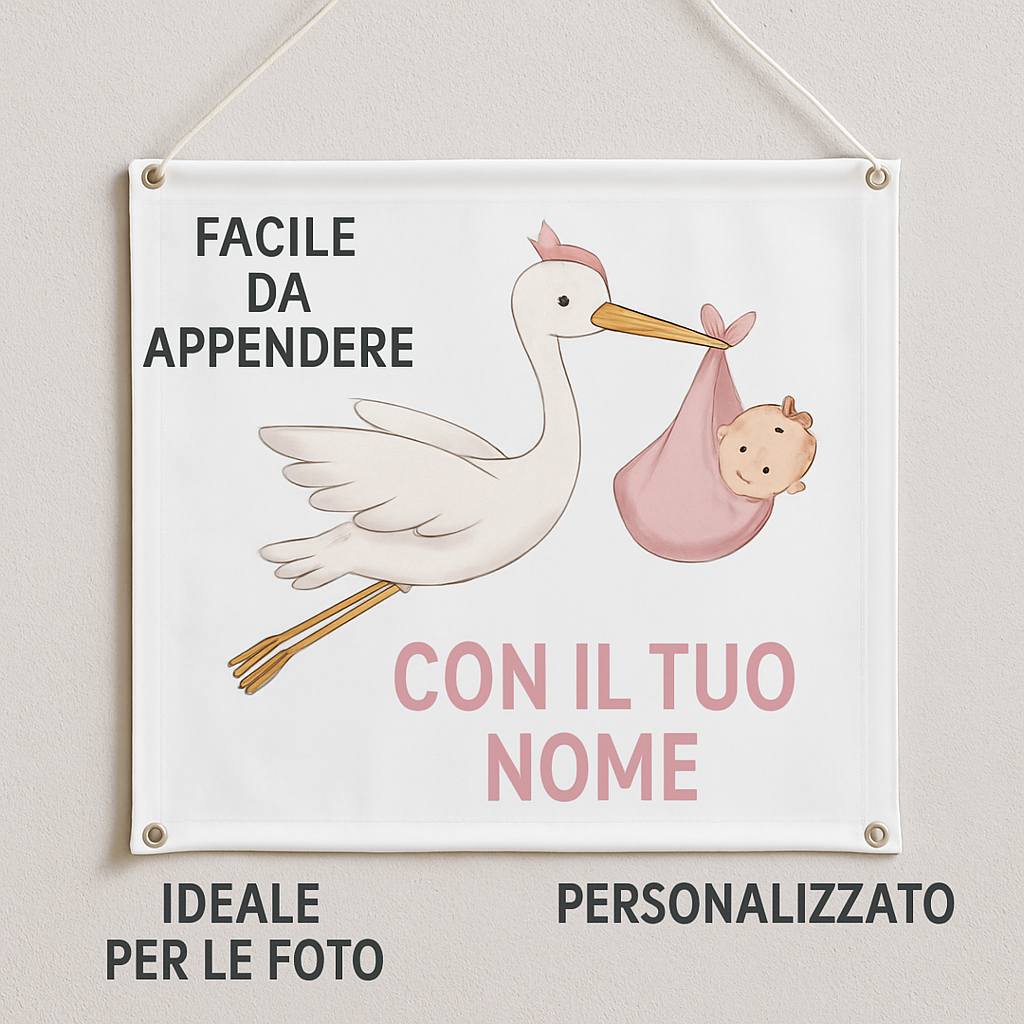 BANNER STRISCIONE NASCITA - Cicogna con neonata rosa mod. 2 - CON IL TUO NOME bimbo neonato - 04 benefici utilizzo