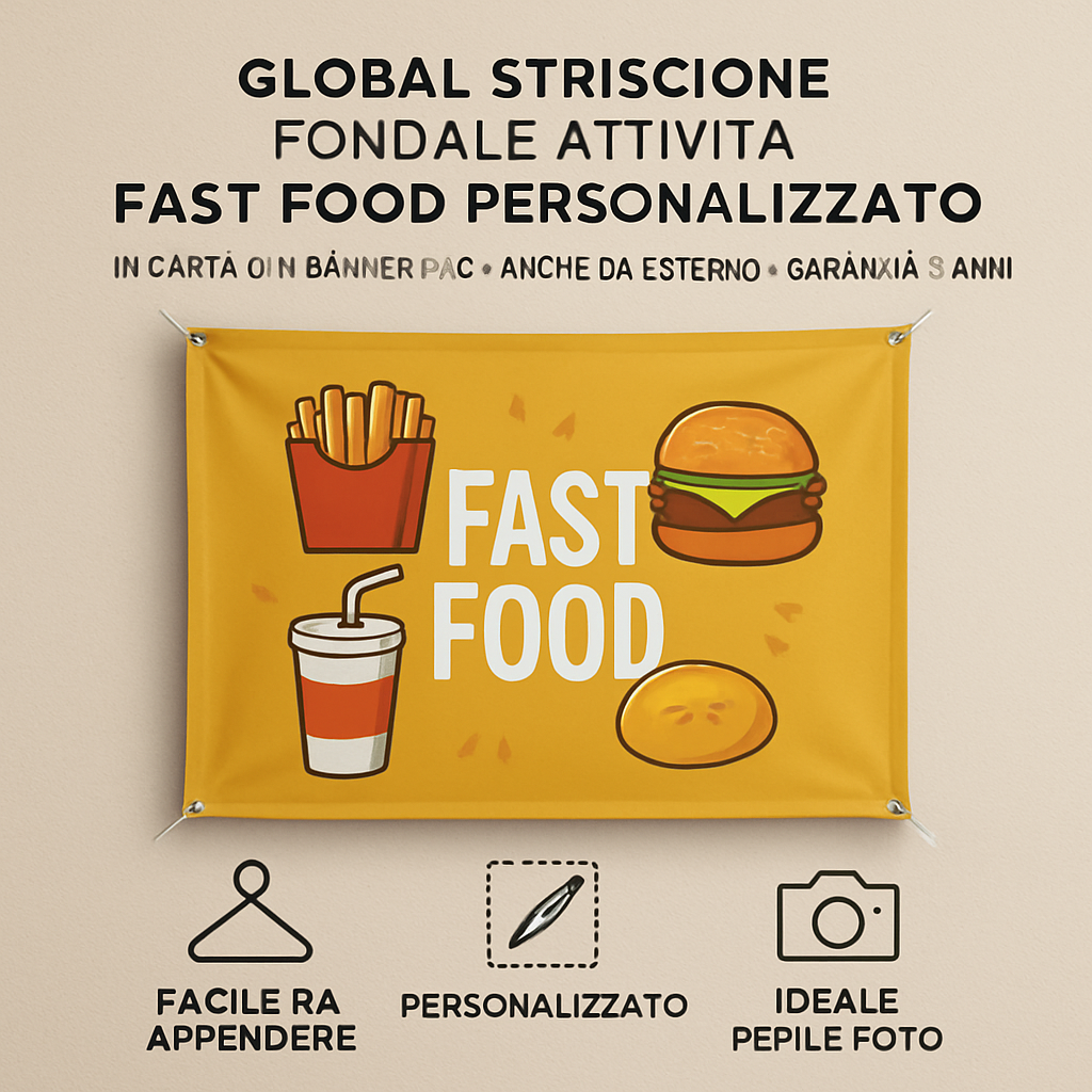GLOBAL STRISCIONE FONDALE ATTIVITÀ - FAST FOOD - PERSONALIZZATO IN CARTA O IN BANNER PVC ANCHE DA ESTERNO GARANZIA 5 ANNI - 04 benefici utilizzo