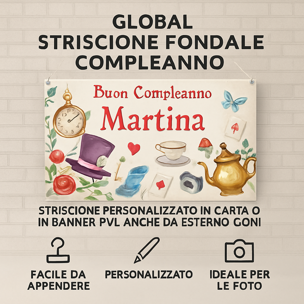 GLOBAL STRISCIONE FONDALE COMPLEANNO - Alice Nel Paese delle Meraviglie mod 4 - STRISCIONE PERSONALIZZATO IN CARTA O IN BANNER PVC ANCHE DA ESTERNO GARANZIA 5 ANNI - 04 benefici utilizzo