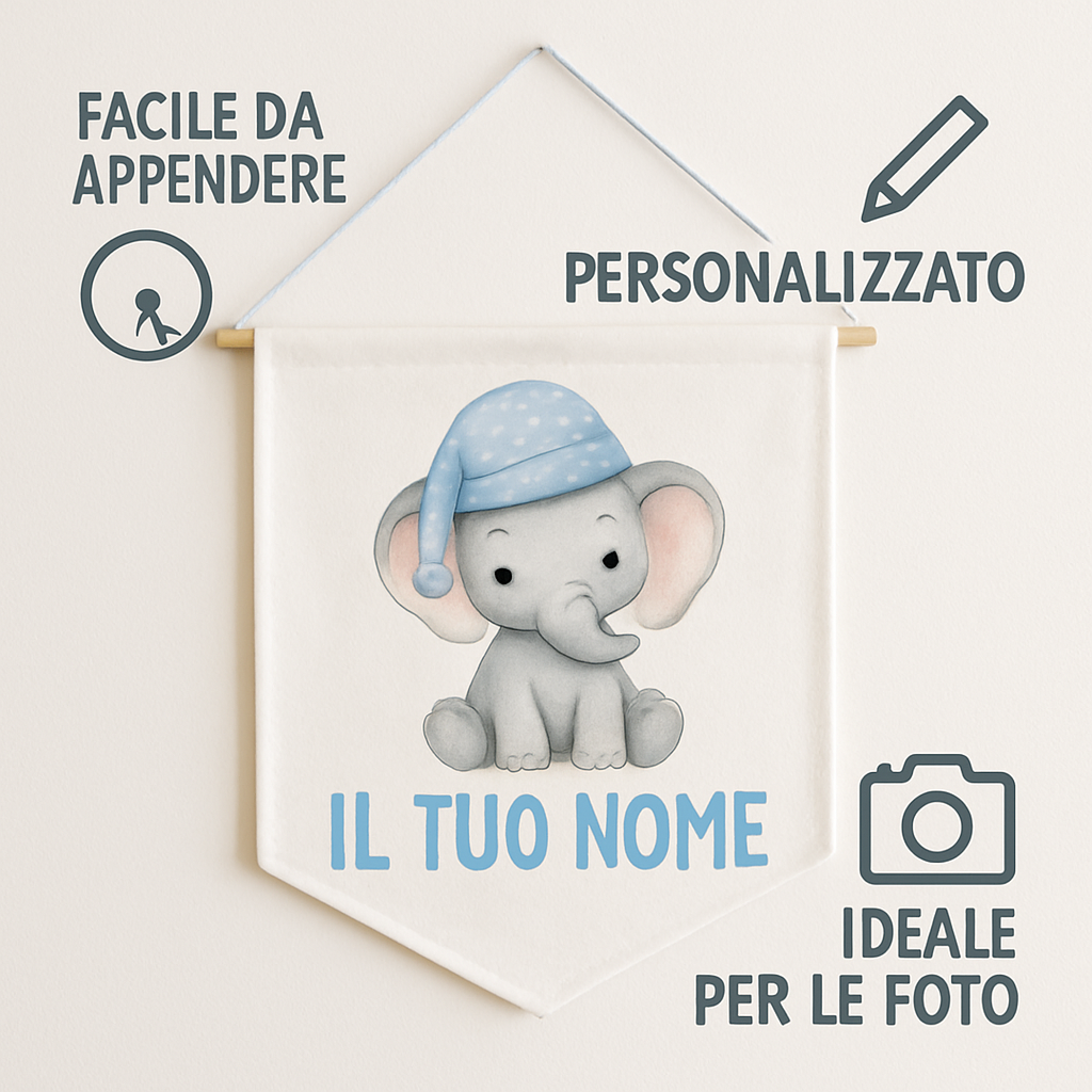 BANNER STRISCIONE NASCITA - Elefantino cappello azzurro - CON IL TUO NOME bimbo neonato - 04 benefici utilizzo
