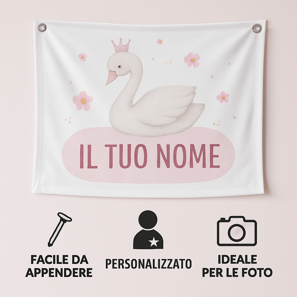 BANNER STRISCIONE NASCITA - Cigno Bambina - CON IL TUO NOME bimbo neonato - 04 benefici utilizzo