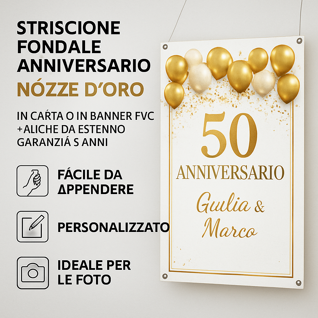 GLOBAL STRISCIONE FONDALE ANNIVERSARIO - NOZZE ORO - IN CARTA O IN BANNER PVC ANCHE DA ESTERNO GARANZIA 5 ANNI - 04 benefici utilizzo