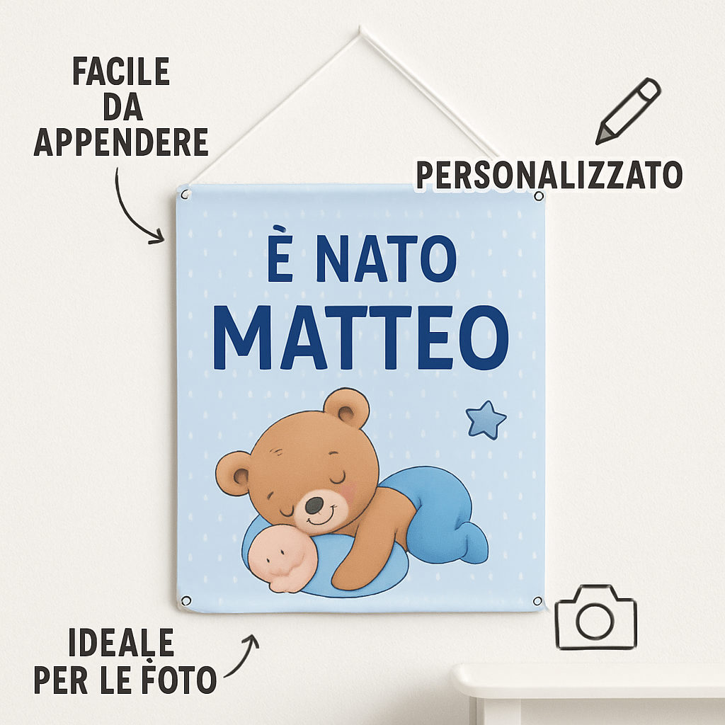 BANNER STRISCIONE NASCITA - Bimbo Orsetto - CON IL TUO NOME bimbo neonato - 04 benefici utilizzo