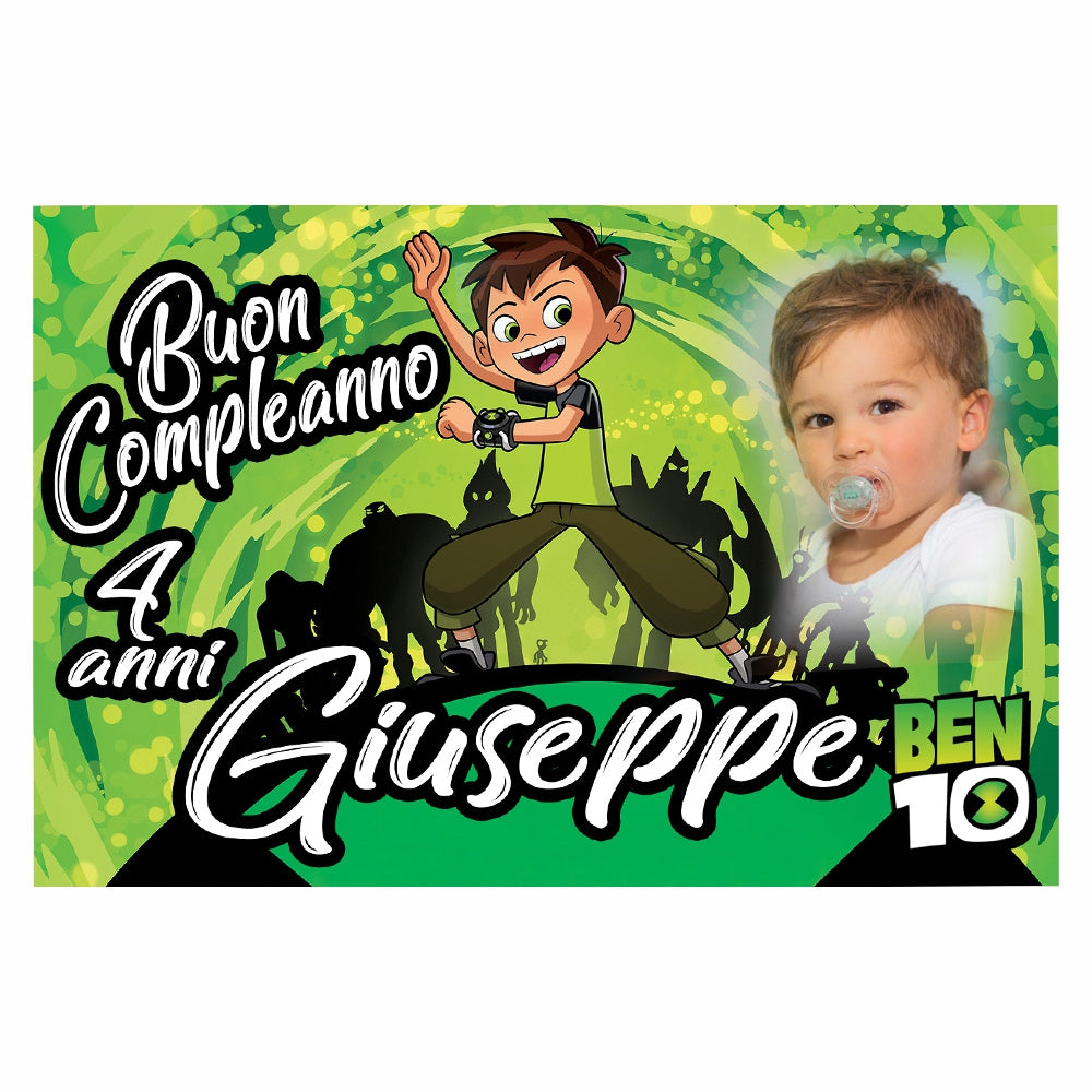 GLOBAL STRISCIONE FONDALE COMPLEANNO - Compleanno Ben 10 - STRISCIONE PERSONALIZZATO IN CARTA O IN BANNER PVC ANCHE DA ESTERNO GARANZIA 5 ANNI