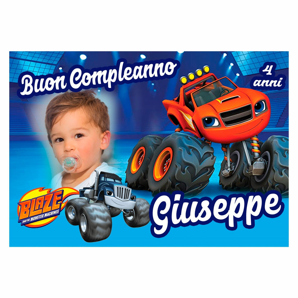 GLOBAL STRISCIONE FONDALE COMPLEANNO - Blaze and the monster machines mod 2 - STRISCIONE PERSONALIZZATO IN CARTA O IN BANNER PVC ANCHE DA ESTERNO GARANZIA 5 ANNI