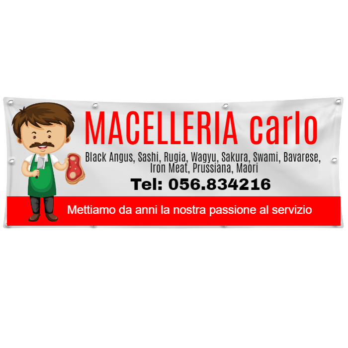 GLOBAL STRISCIONE FONDALE ATTIVITÀ - MACELLERIA - PERSONALIZZATO IN CARTA O IN BANNER PVC ANCHE DA ESTERNO GARANZIA 5 ANNI