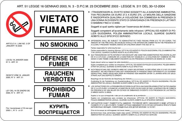 GLOBAL CARTELLO SEGNALETICO - VIETATO FUMARE C/LEGGE - 6 LINGUE - Adesivo Resistente, Pannello in Forex, Pannello In Alluminio