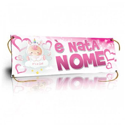 GLOBAL STRISCIONE FONDALE NASCITA - BAMBINA UNICORNO - IN CARTA O IN BANNER PVC ANCHE DA ESTERNO GARANZIA 5 ANNI