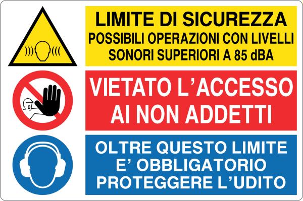GLOBAL CARTELLO SEGNALETICO - LIMITE DI SICUREZZA POSSIBILI OPERAZIONI CON LIVELLI SONORI SUPERIORI A 85 Dba - Adesivo Resistente, Pannello in Forex, Pannello In Alluminio