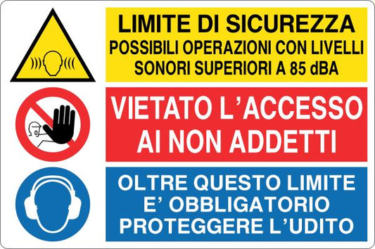 GLOBAL CARTELLO SEGNALETICO - LIMITE DI SICUREZZA POSSIBILI OPERAZIONI CON LIVELLI SONORI SUPERIORI A 85 Dba - Adesivo Resistente, Pannello in Forex, Pannello In Alluminio
