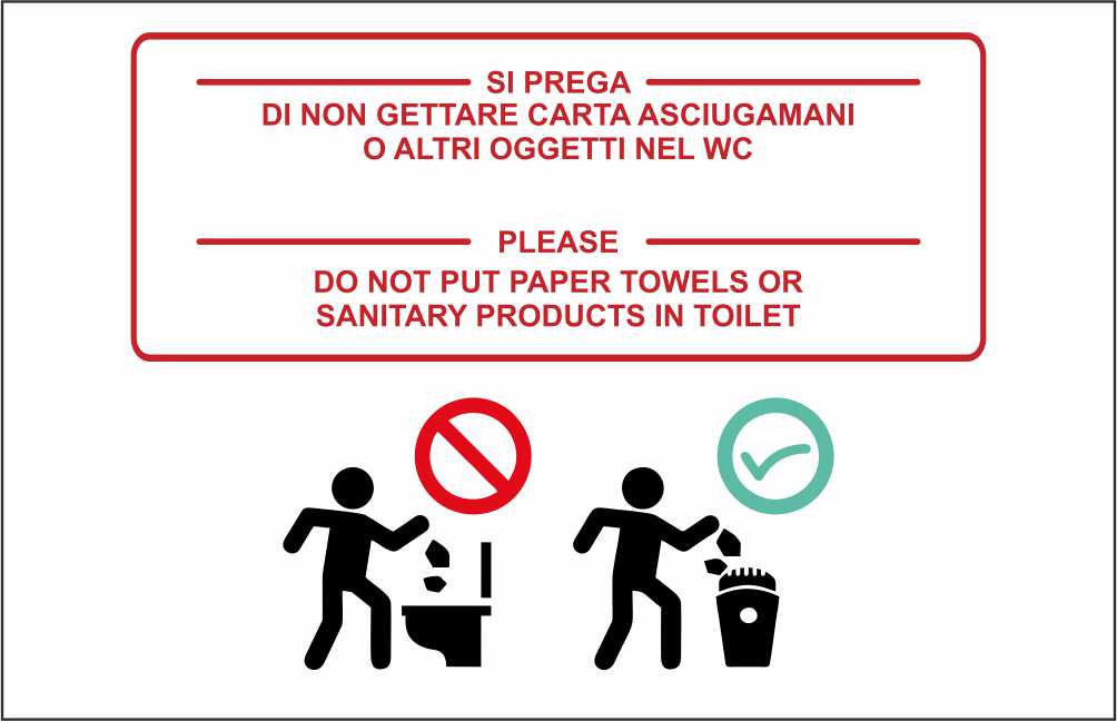 GLOBAL CARTELLO SEGNALETICO - VIETATO GETTARE CARTA ASCIUGAMANI NEL WC - Adesivo Extra Resistente, Pannello in Forex, Pannello In Alluminio