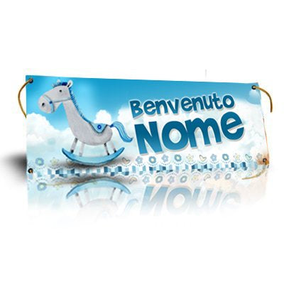 GLOBAL STRISCIONE FONDALE NASCITA - BAMBINO CON CAVALLINO - IN CARTA O IN BANNER PVC ANCHE DA ESTERNO GARANZIA 5 ANNI