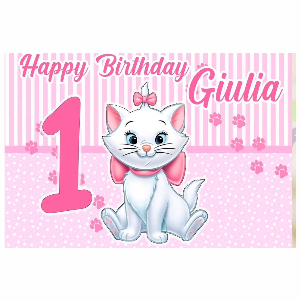 GLOBAL STRISCIONE FONDALE COMPLEANNO - Minou Aristogatti mod 2 - STRISCIONE PERSONALIZZATO IN CARTA O IN BANNER PVC ANCHE DA ESTERNO GARANZIA 5 ANNI