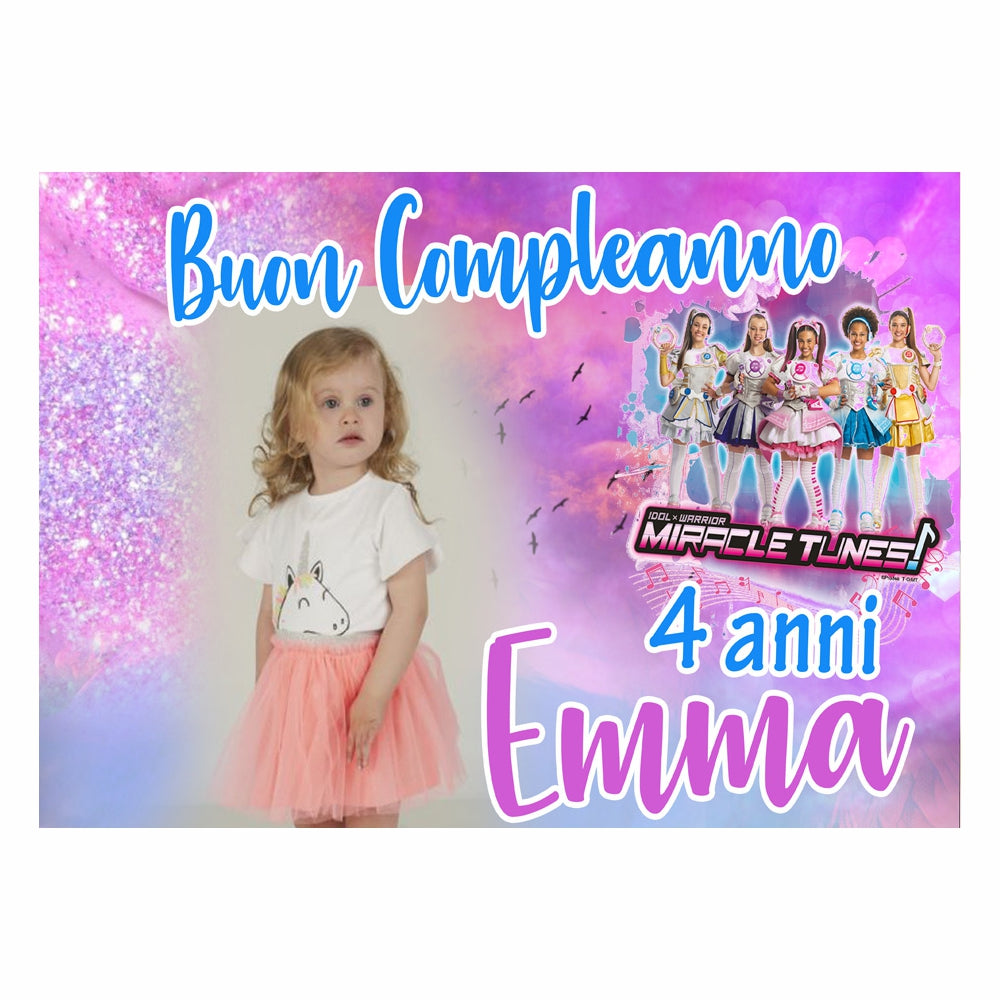 GLOBAL STRISCIONE FONDALE COMPLEANNO - Miracle Tunes - STRISCIONE PERSONALIZZATO IN CARTA O IN BANNER PVC ANCHE DA ESTERNO GARANZIA 5 ANNI