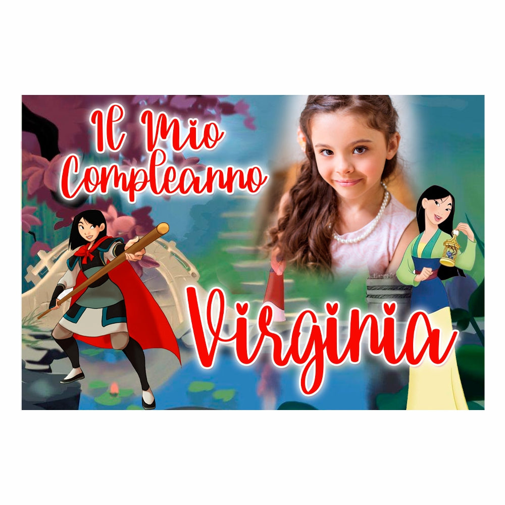 GLOBAL STRISCIONE FONDALE COMPLEANNO - Mulan - STRISCIONE PERSONALIZZATO IN CARTA O IN BANNER PVC ANCHE DA ESTERNO GARANZIA 5 ANNI