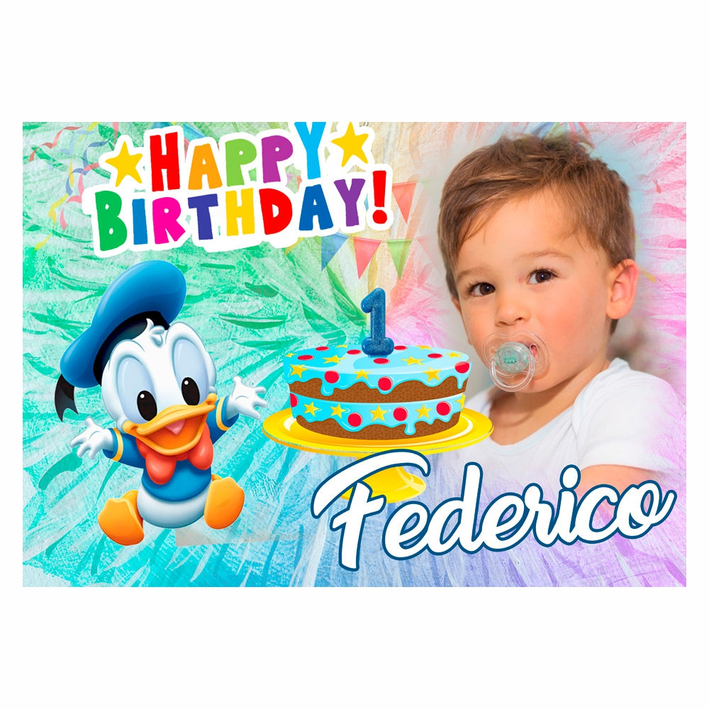 GLOBAL STRISCIONE FONDALE COMPLEANNO - Paperino Baby - STRISCIONE PERSONALIZZATO IN CARTA O IN BANNER PVC ANCHE DA ESTERNO GARANZIA 5 ANNI