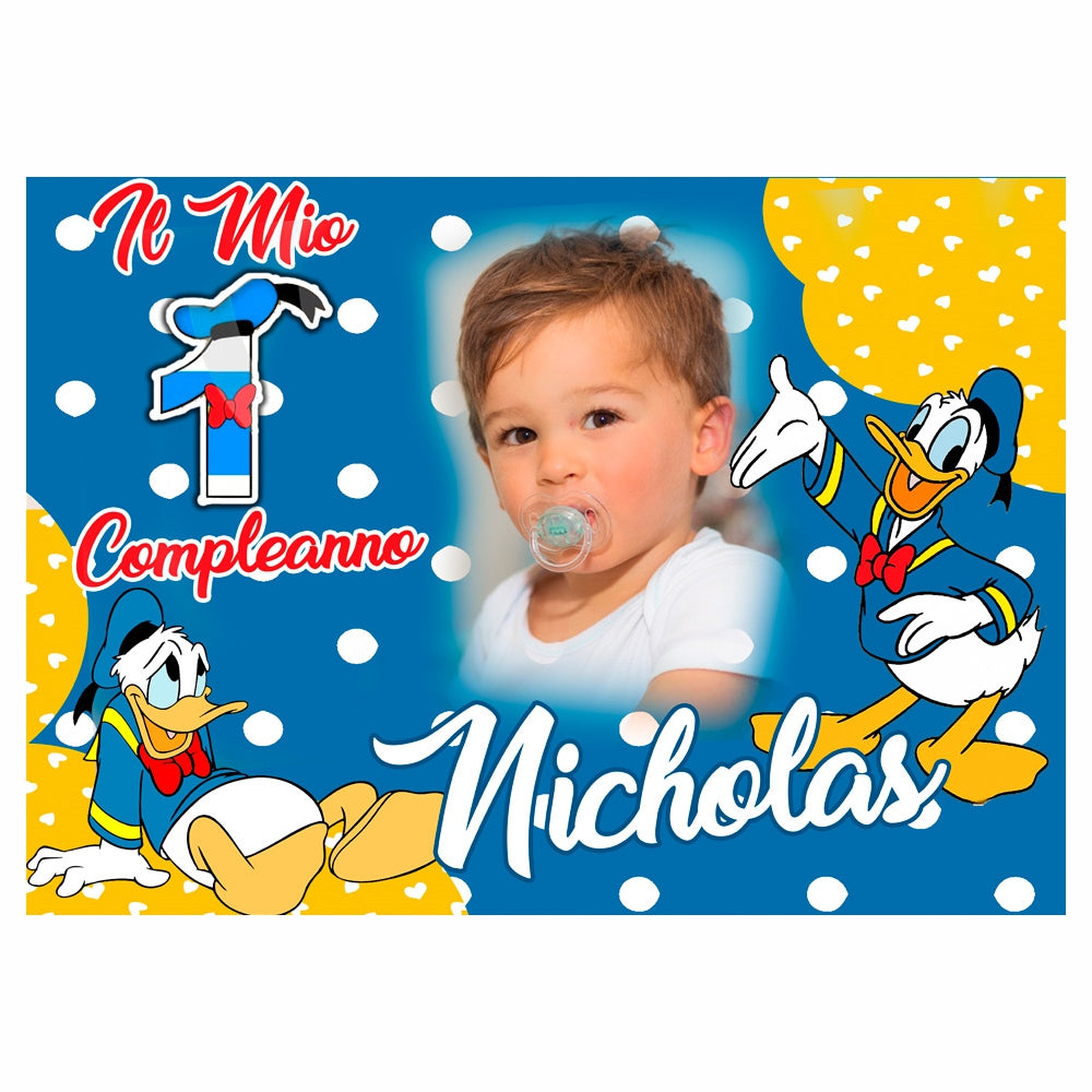 GLOBAL STRISCIONE FONDALE COMPLEANNO - Paperino Disney - STRISCIONE PERSONALIZZATO IN CARTA O IN BANNER PVC ANCHE DA ESTERNO GARANZIA 5 ANNI