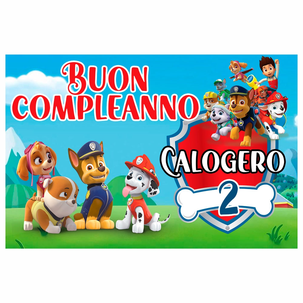 GLOBAL STRISCIONE FONDALE COMPLEANNO - Paw Patrol Mod 3 - STRISCIONE PERSONALIZZATO IN CARTA O IN BANNER PVC ANCHE DA ESTERNO GARANZIA 5 ANNI