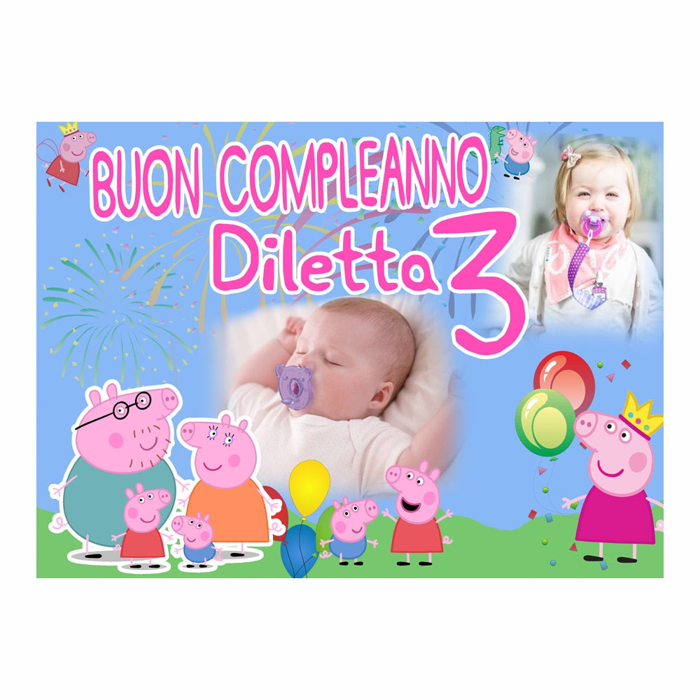 GLOBAL STRISCIONE FONDALE COMPLEANNO - Peppa Pig - STRISCIONE PERSONALIZZATO IN CARTA O IN BANNER PVC ANCHE DA ESTERNO GARANZIA 5 ANNI
