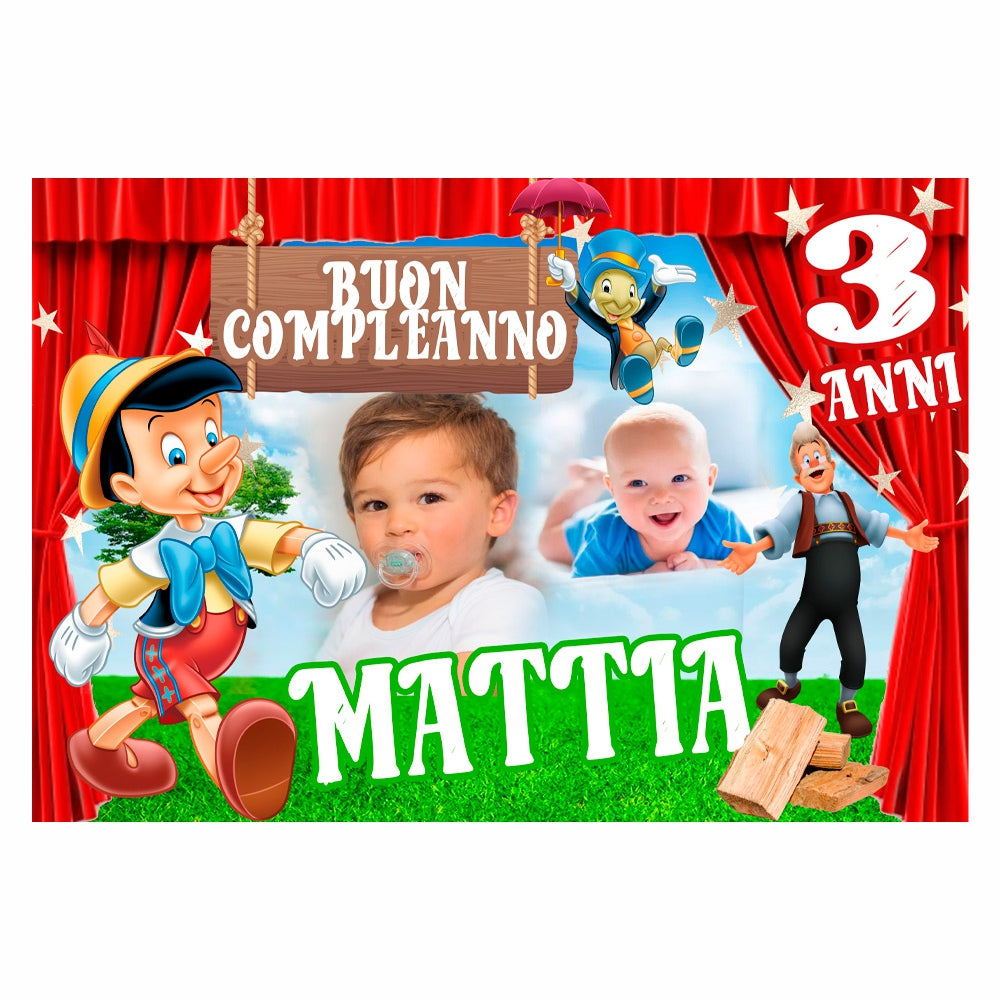 GLOBAL STRISCIONE FONDALE COMPLEANNO - Pinocchio mod 2 - STRISCIONE PERSONALIZZATO IN CARTA O IN BANNER PVC ANCHE DA ESTERNO GARANZIA 5 ANNI