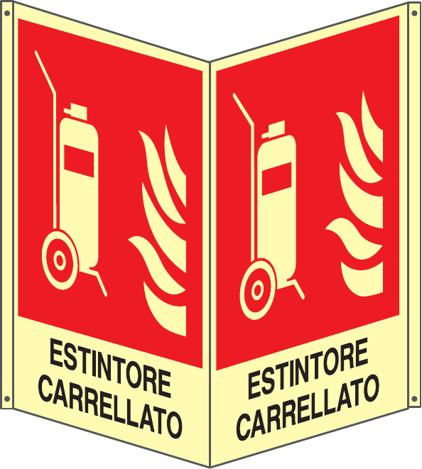 GLOBAL CARTELLO SEGNALETICO BIFACCIALE LUMINESCENTE - ESTINTORE CARRELLATO - In Alluminio Con Adesivo Luminescente Con Stampa Diretta U.V. (IDEALE ANCHE PER ESTERNO)