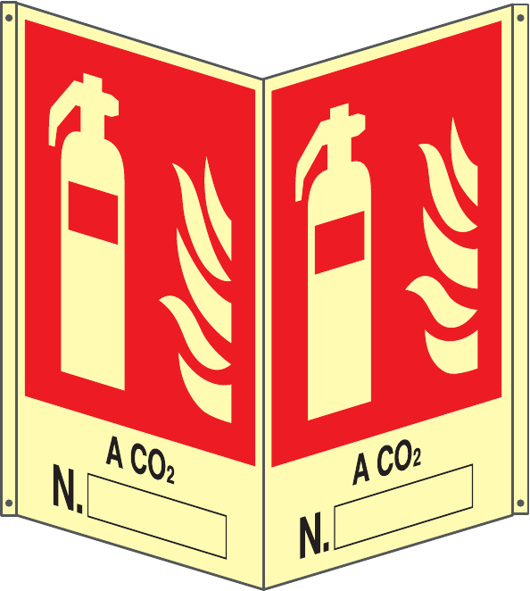 GLOBAL CARTELLO SEGNALETICO BIFACCIALE LUMINESCENTE - ESTINTORE A CO2 N. - In Alluminio Con Adesivo Luminescente Con Stampa Diretta U.V. (IDEALE ANCHE PER ESTERNO)