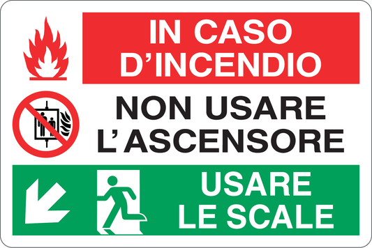 GLOBAL CARTELLO SEGNALETICO - IN CASO DI INCENDIO NON USARE L'ASCENSORE - Adesivo Resistente, Pannello in Forex, Pannello In Alluminio