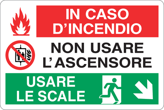 GLOBAL CARTELLO SEGNALETICO - IN CASO DI INCENDIO NON USARE L'ASCENSORE - Adesivo Resistente, Pannello in Forex, Pannello In Alluminio