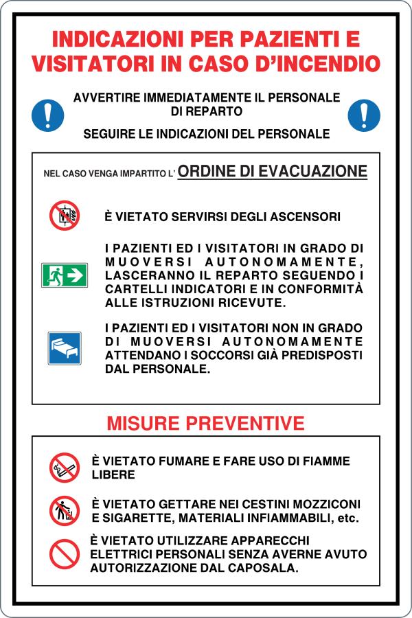 GLOBAL CARTELLO SEGNALETICO - INDICAZIONI PER PAZIENTI E VISITATORI IN CASO DI INCENDIO - Adesivo Resistente, Pannello in Forex, Pannello In Alluminio