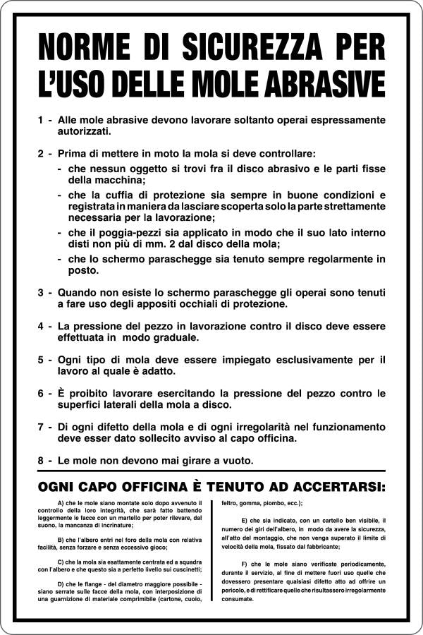 GLOBAL CARTELLO SEGNALETICO - MOLE ABRASIVE - NORME DI SICUREZZA - Adesivo Resistente, Pannello in Forex, Pannello In Alluminio