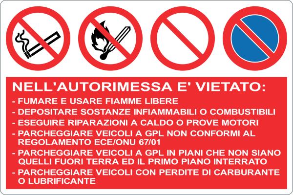 GLOBAL CARTELLO SEGNALETICO - DIVIETI VARI PER AUTORIMESSE - Adesivo Resistente, Pannello in Forex, Pannello In Alluminio