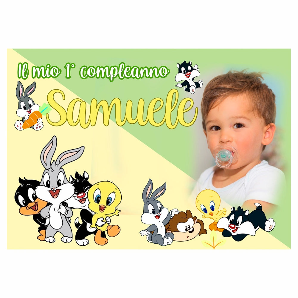 GLOBAL STRISCIONE FONDALE COMPLEANNO - Baby Looney Tunes - STRISCIONE PERSONALIZZATO IN CARTA O IN BANNER PVC ANCHE DA ESTERNO GARANZIA 5 ANNI