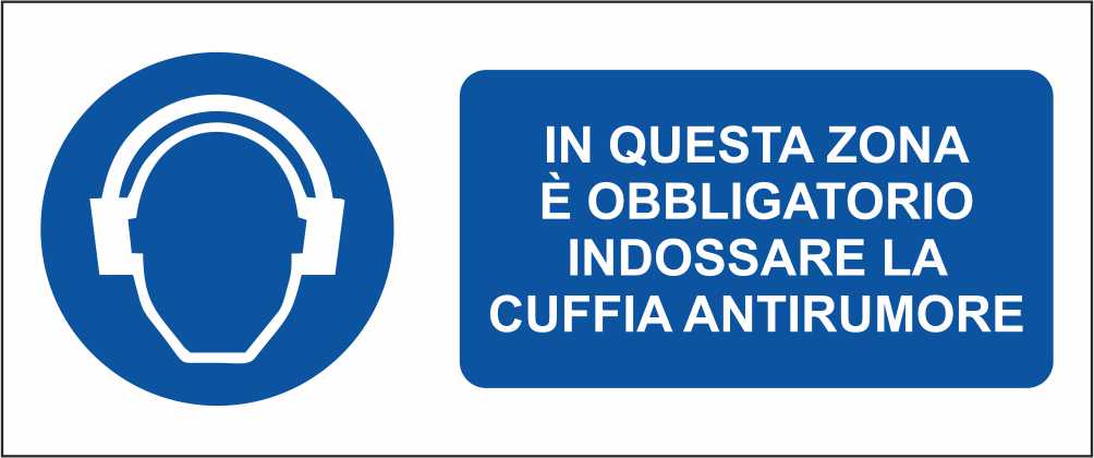 IN QUESTA ZONA È OBBLIGATORIO INDOSSARE LA CUFFIA ANTIRUMORE - CARTELLO SEGNALETICO UNI ISO 7010 in Adesivo Resistente, Pannello in Forex, Pannello In Alluminio