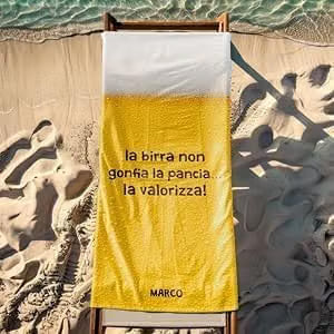 Vestin Telo da spiaggia personalizzato - La birra non gonfia la pancia la valorizza - BIRRA E NOME - con Nome personalizzato - asciugamano da bagno asciugamano da piscina asciugamano da spiaggia per vacanze