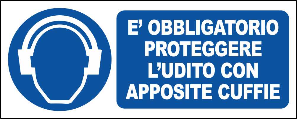 E' OBBLIGATORIO PROTEGGERE L'UDITO CON APPOSITE CUFFIE - CARTELLO SEGNALETICO UNI ISO 7010 in Adesivo Resistente, Pannello in Forex, Pannello In Alluminio