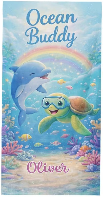 Vestin Telo da spiaggia personalizzato - Cartoon Tartaruga marina Delfino - con Nome personalizzato - asciugamano da bagno asciugamano da piscina asciugamano da spiaggia per vacanze