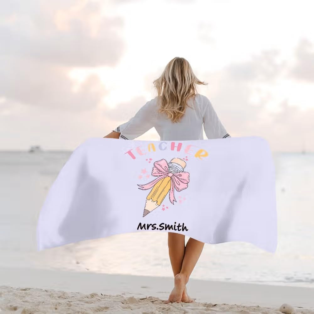 Vestin Telo da spiaggia personalizzato - MATITA CON FIOCCO - con Nome personalizzato - asciugamano da bagno asciugamano da piscina asciugamano da spiaggia per vacanze