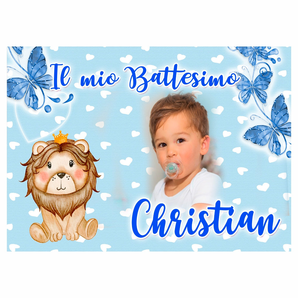 GLOBAL STRISCIONE FONDALE BATTESIMO - Battesimo Leoncino - STRISCIONE PERSONALIZZATO IN CARTA O IN BANNER PVC ANCHE DA ESTERNO GARANZIA 5 ANNI