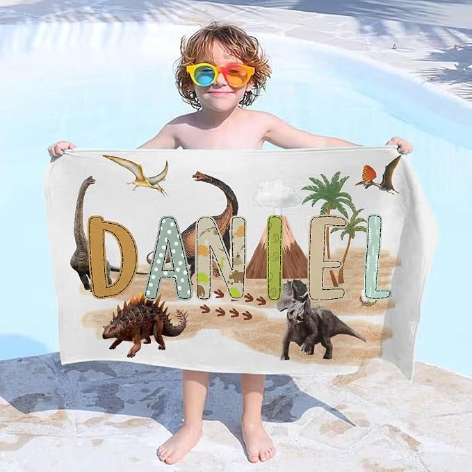 Vestin Telo da spiaggia personalizzato - DINOSAURI - con Nome personalizzato - asciugamano da bagno asciugamano da piscina asciugamano da spiaggia per vacanze