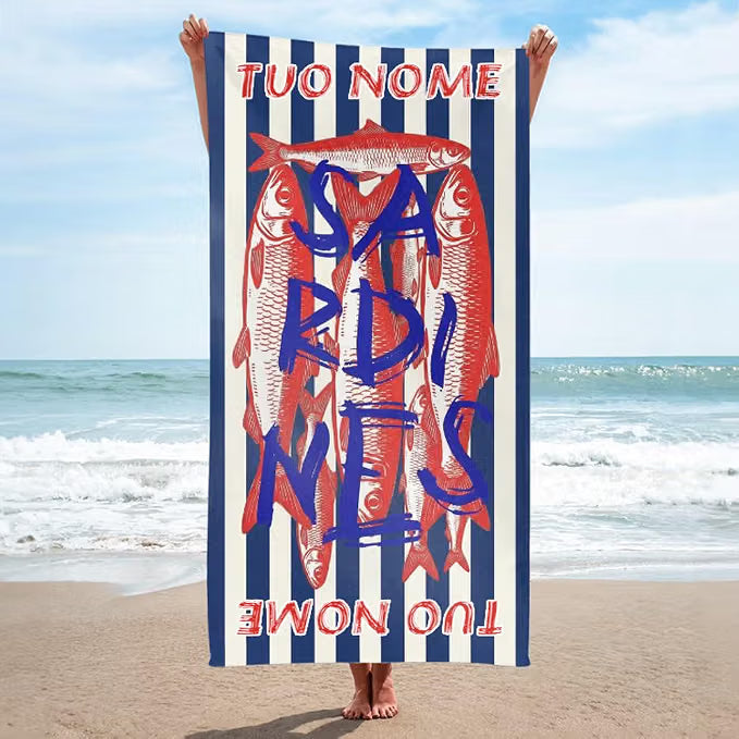Vestin Telo da spiaggia personalizzato - STRISCE SARDINA - con Nome personalizzato - asciugamano da bagno asciugamano da piscina asciugamano da spiaggia per vacanze
