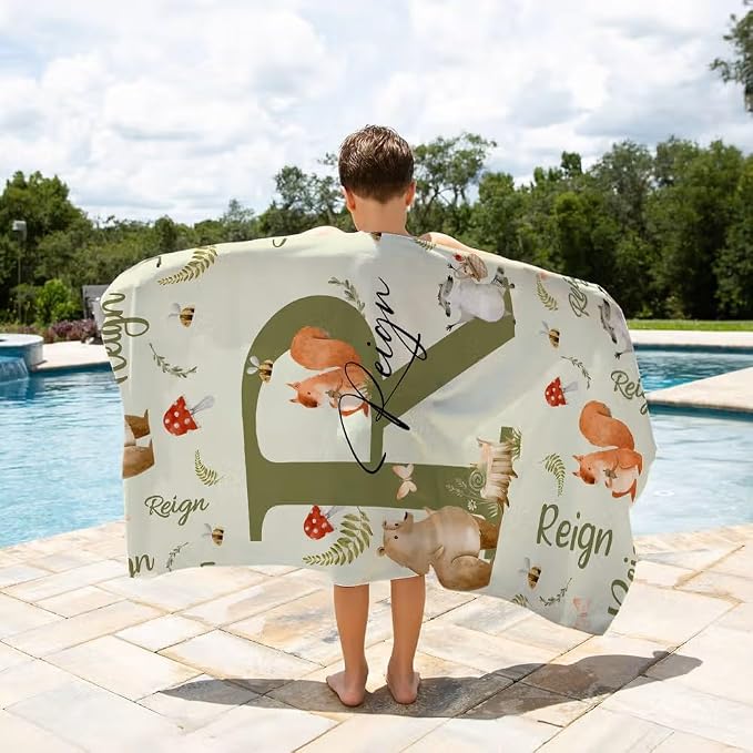 Vestin Telo da spiaggia personalizzato - ANIMALI DEL BOSCO - con Nome personalizzato - asciugamano da bagno asciugamano da piscina asciugamano da spiaggia per vacanze