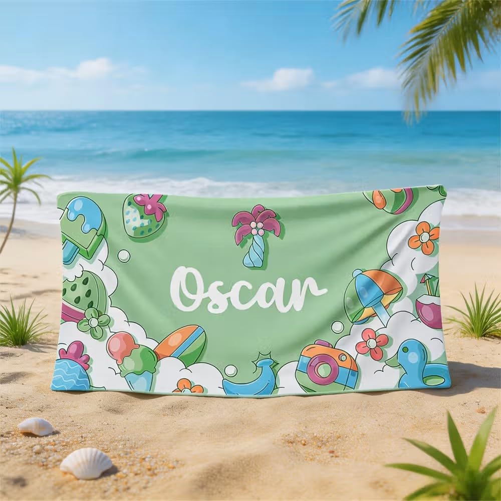 Vestin Telo da spiaggia personalizzato - TEMA ESTIVO - con Nome personalizzato - asciugamano da bagno asciugamano da piscina asciugamano da spiaggia per vacanze