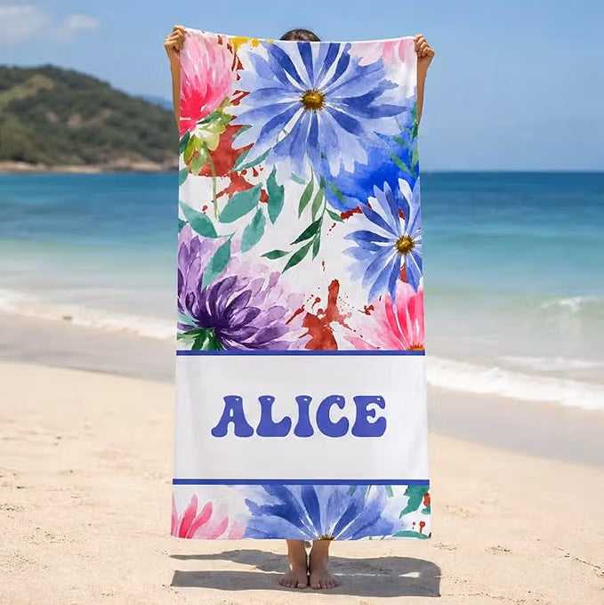 Vestin Telo da spiaggia personalizzato - FIORI ACQUERELLO FLOREALE CON NOME - con Nome personalizzato - asciugamano da bagno asciugamano da piscina asciugamano da spiaggia per vacanze