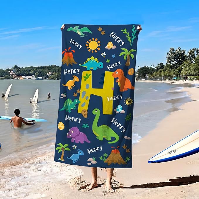 Vestin Telo da spiaggia personalizzato - PICCOLI DINOSAURI CON INIZIALE - con Nome personalizzato - asciugamano da bagno asciugamano da piscina asciugamano da spiaggia per vacanze