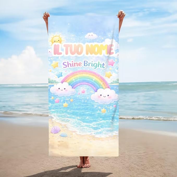 Vestin Telo da spiaggia personalizzato - ARCOBALENO - con Nome personalizzato - asciugamano da bagno asciugamano da piscina asciugamano da spiaggia per vacanze